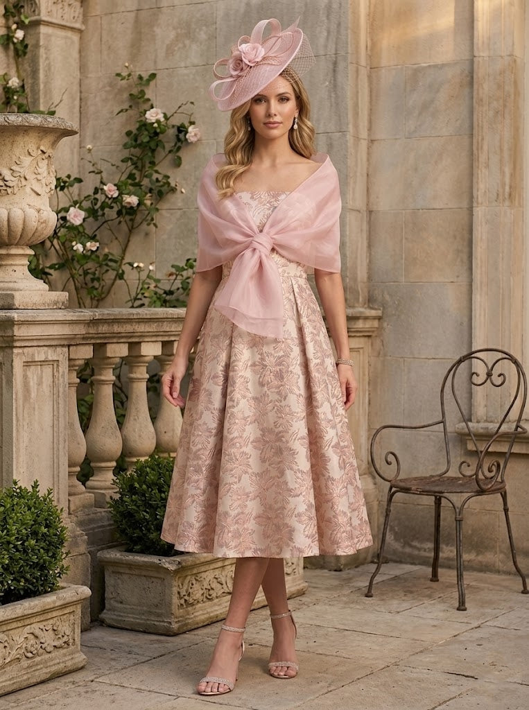 A-Line/Princess Strapless Jacquard Mother of the Bride Dresses with Wrap Floral Sleeveles Tea Length