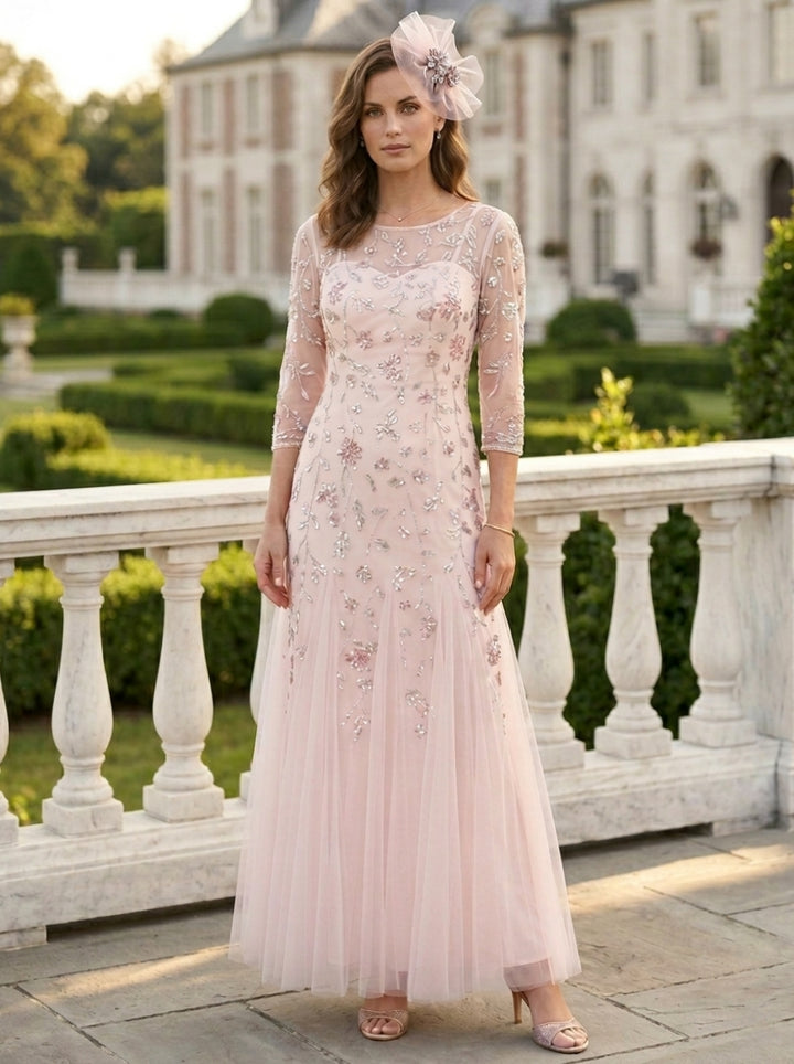 A-Line/Princess Scoop Tulle Mother of the Bride Dresses Sequins Floral Ankle-Length 3/4 Sleeves