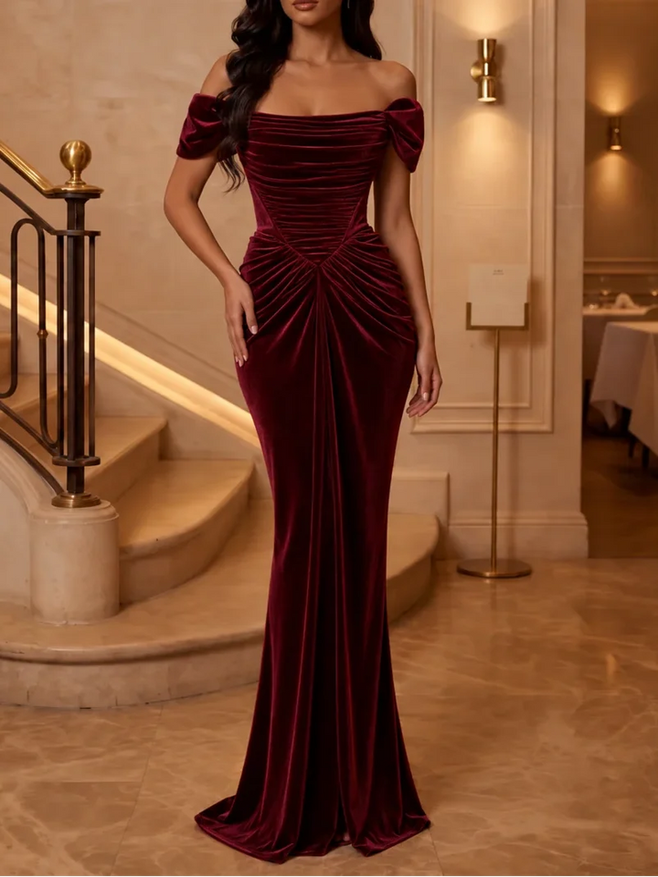 Trumpet/Mermaid Off-the-Shoulder Velvet Evening Dresses Floor-Length Sleeveless Formal Dresses Ruched