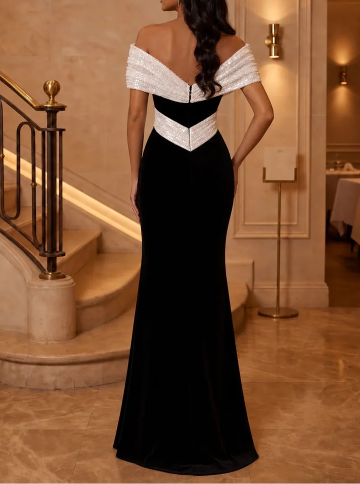 Sheath/Column Off-the-Shoulder Stretch Satin Evening Dresses Sequins Floor-Length Sleeveless Formal Dresses With Split Side
