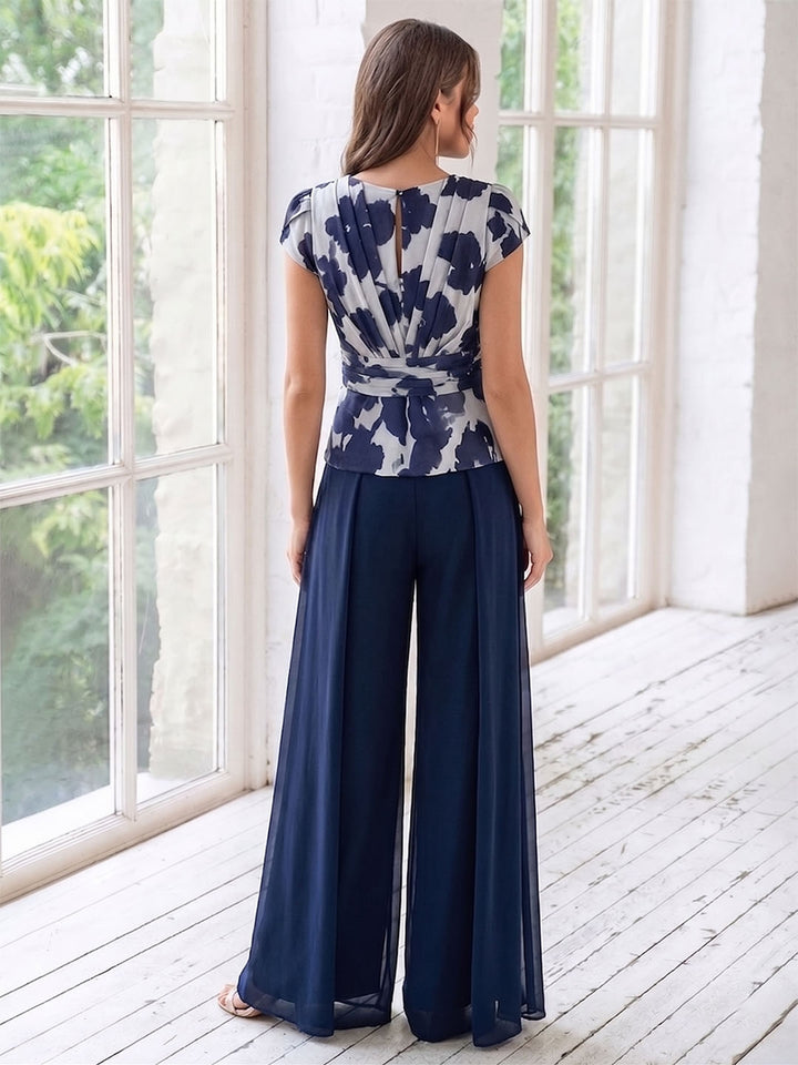 A-Line/Princess V-Neck Short Sleeves Floor-Length Mother of the Bride Floral Pants Suit