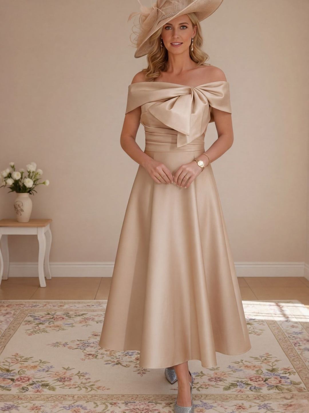 A-Line/Princess Off-the-Shoulder Tea-Length Mother of the Bride Dresses with Bowknot & Pocket