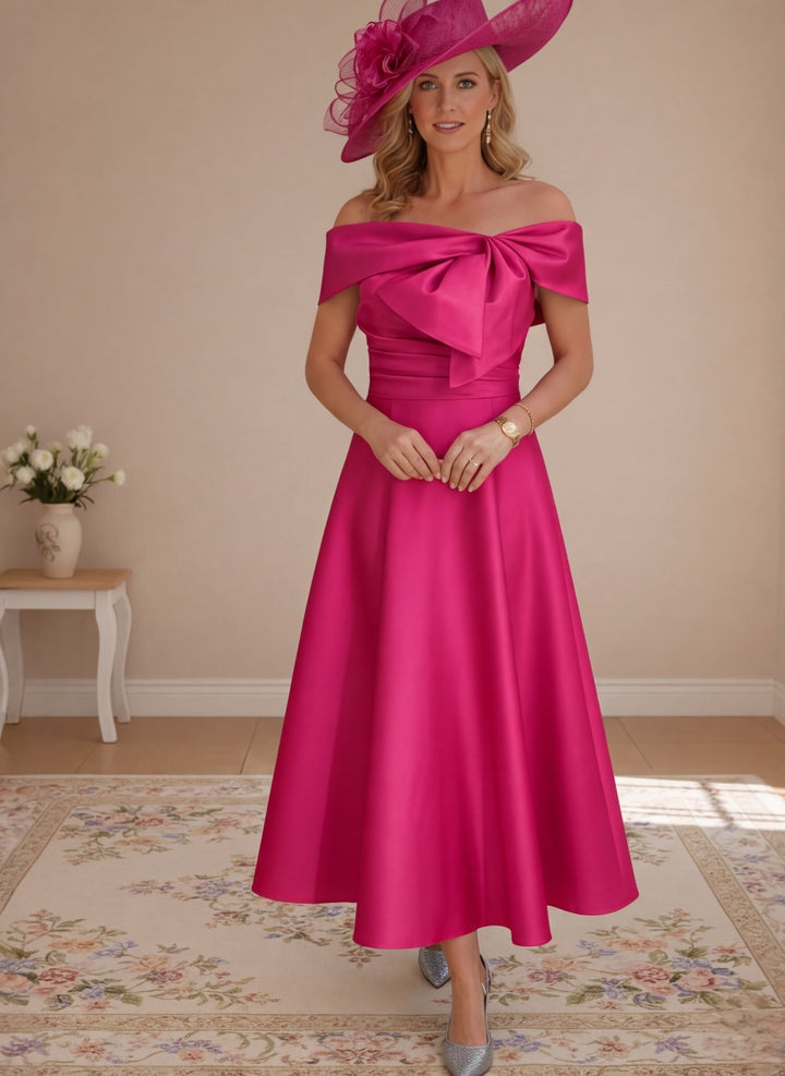 A-Line/Princess Off-the-Shoulder Tea-Length Mother of the Bride Dresses with Bowknot & Pocket