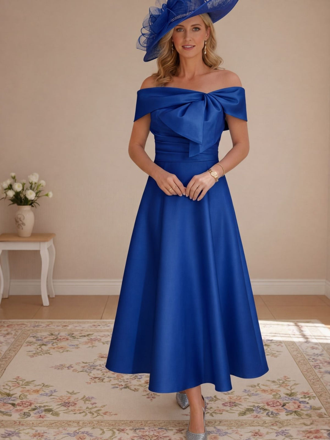 A-Line/Princess Off-the-Shoulder Tea-Length Mother of the Bride Dresses with Bowknot & Pocket