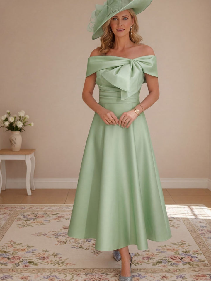 A-Line/Princess Off-the-Shoulder Tea-Length Mother of the Bride Dresses with Bowknot & Pocket