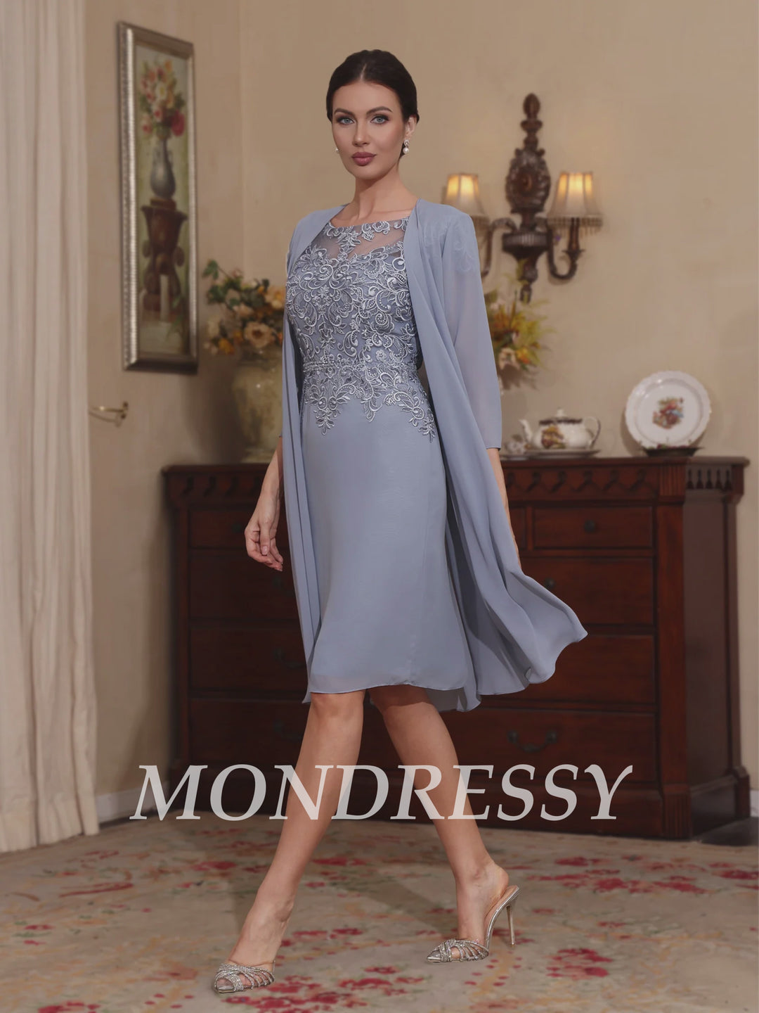 2 Pieces Sheath/Column Scoop Chiffon Mother of the Bride Dresses with Jacket Lace Knee-Length 3/4 Sleeves