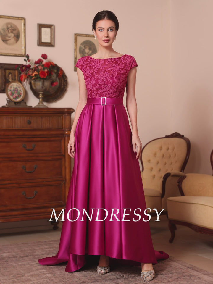 A-Line/Princess Scoop Satin Mother of the Bride Dresses Sleeveless Lace Floor-Length Belt Sweep Train