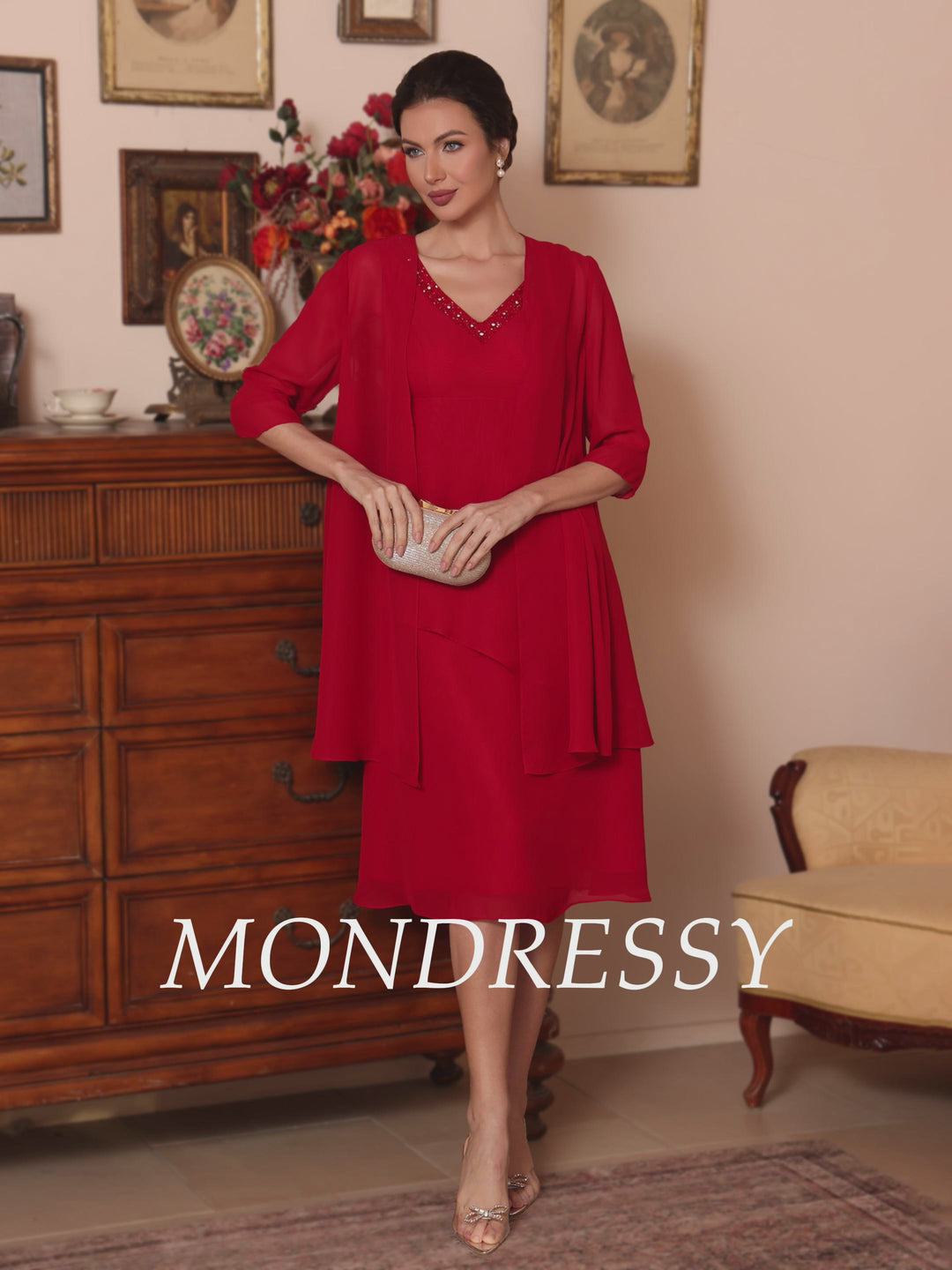 2 Pieces Sheath/Column V-Neck Chiffon Mother of the Bride Dresses with Jacket Beading Knee-Length Half Sleeves