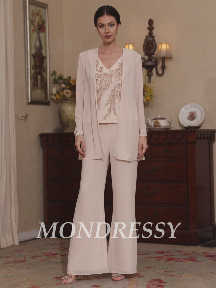 3 Pieces V-Neck Chiffon Mother of the Bride Pantsuits with Jacket Sequins Ankle-Length Long Sleeves