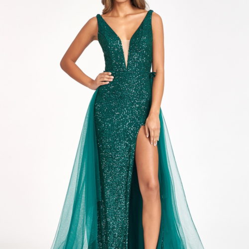 Sheath/Column V-Neck Sleeveless Floor-Length Long Prom Dresses with Split Side Sequins