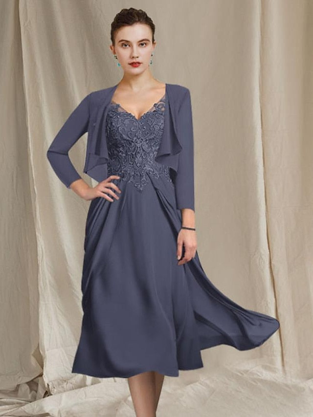 A-Line/Princess V-Neck Tea-Length Mother of the Bride Dresses