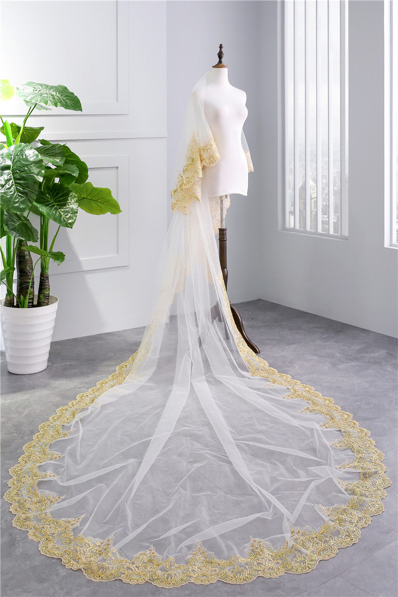 Two-tier Luxurious  Wedding Veil with Golden Lace