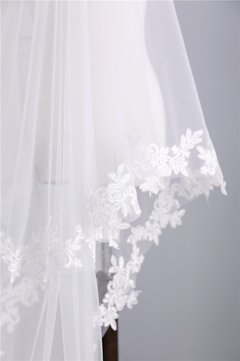 Two-tier Long Lace Wedding Veil with Appliques