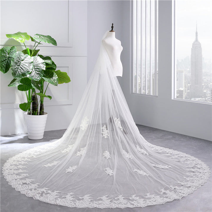 Two-tier Ultra Wide Lace Wedding Veil with Appliques