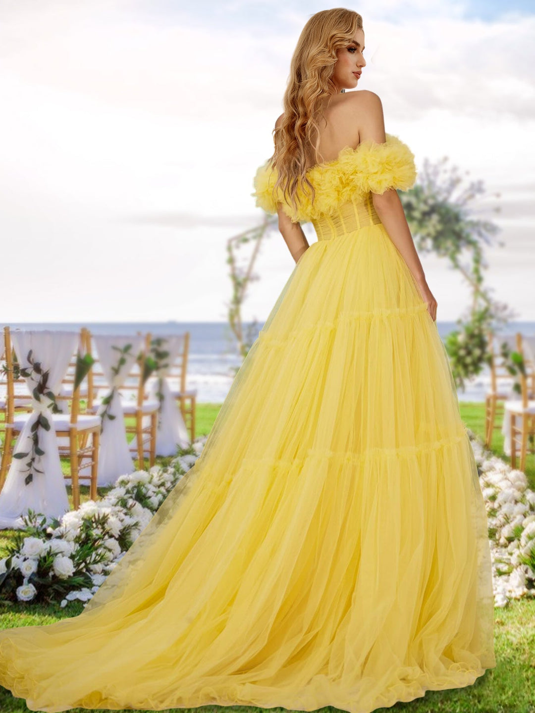 A-Line/Princess Off-the-Shoulder Long Tulle Prom Evening Party Dresses with Ruffles