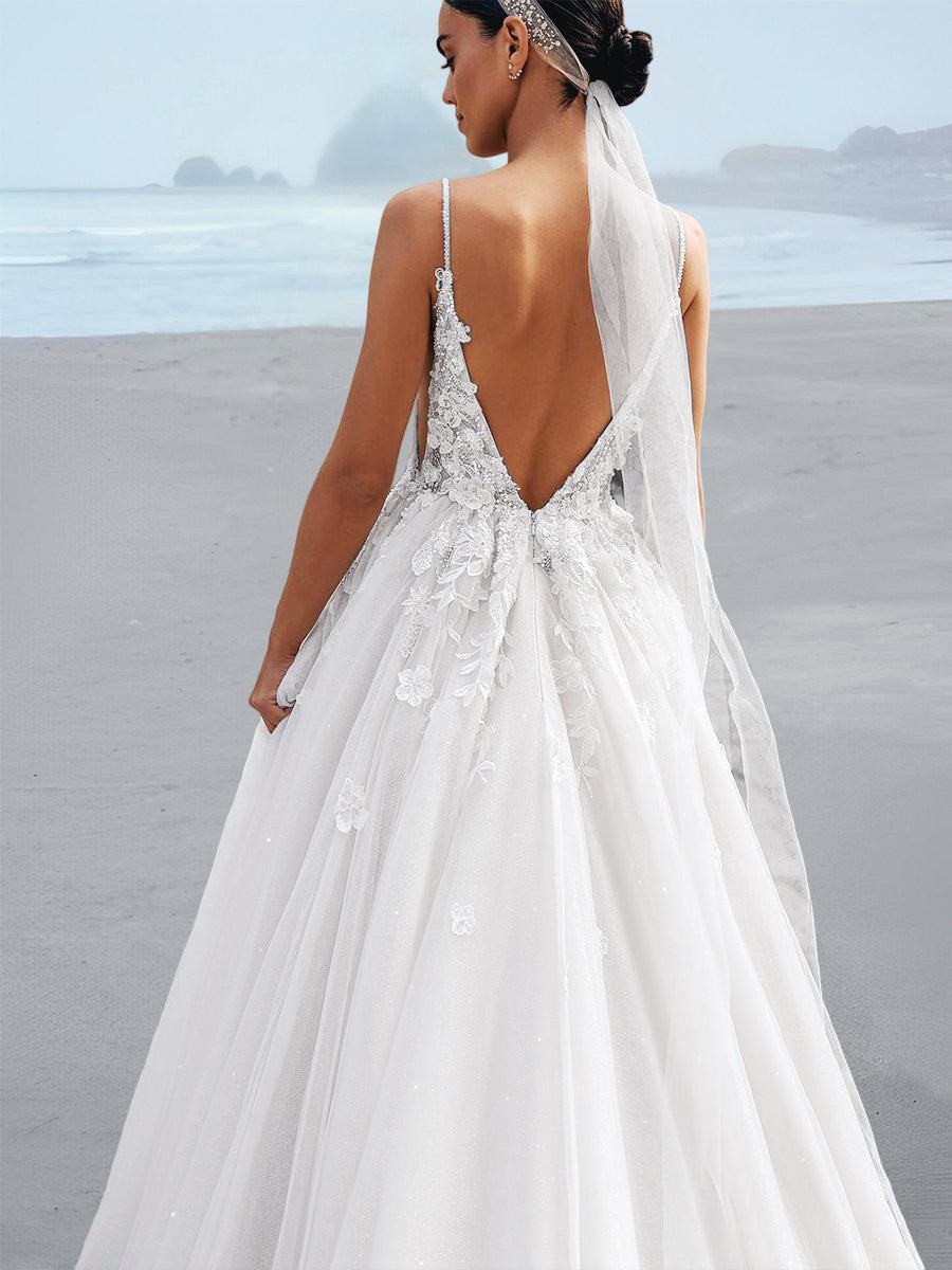 A-Line/Princess Spaghetti Straps Floor-Length Wedding Dress