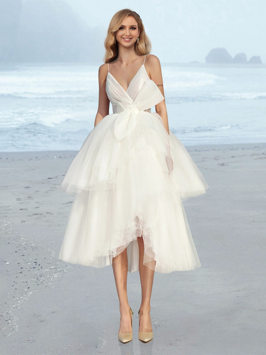 A-Line/Princess V-Neck Tea-Length Wedding Dress