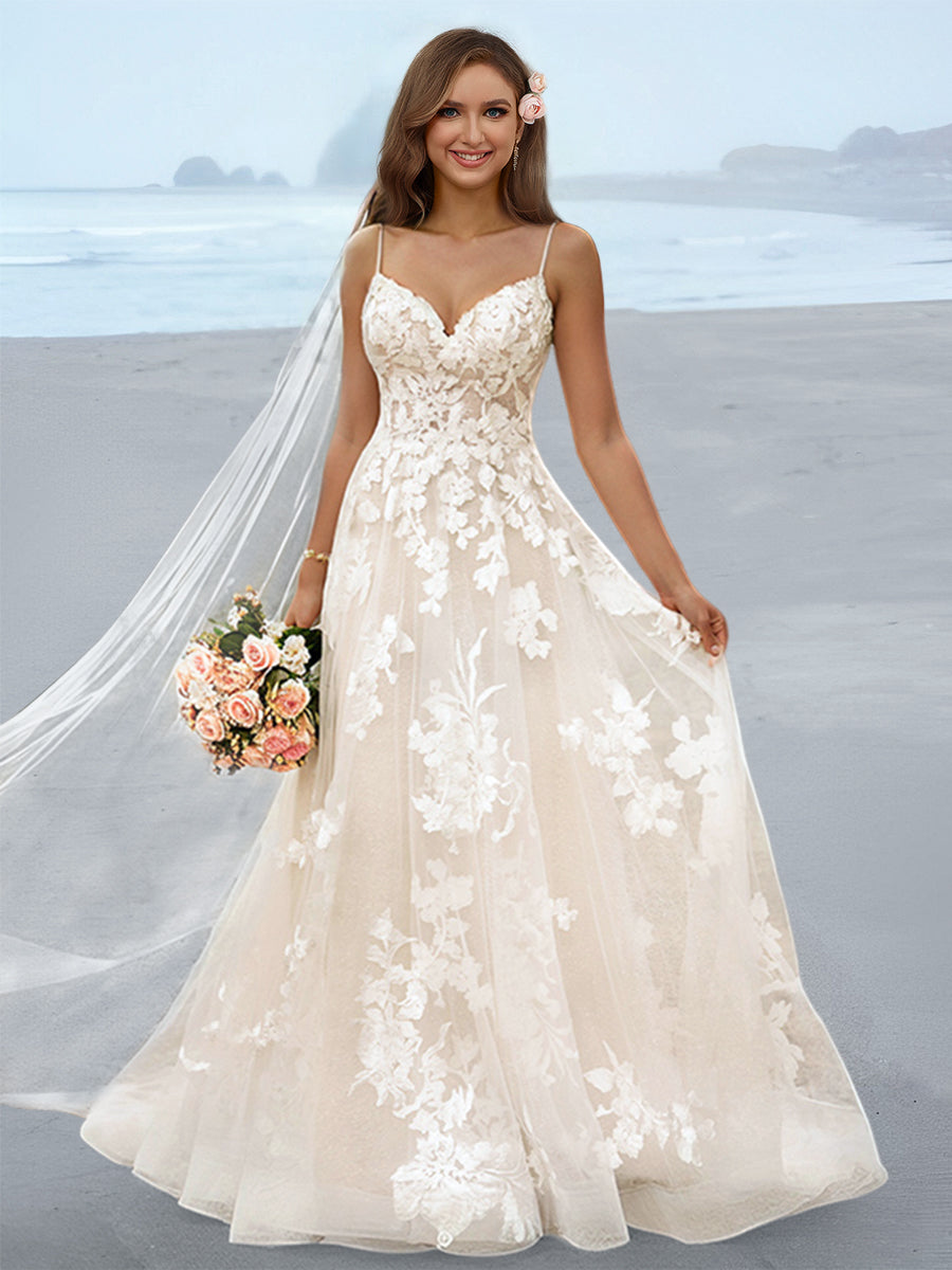 A-Line/Princess Spaghetti Straps Floor-Length Wedding Dress with Applique