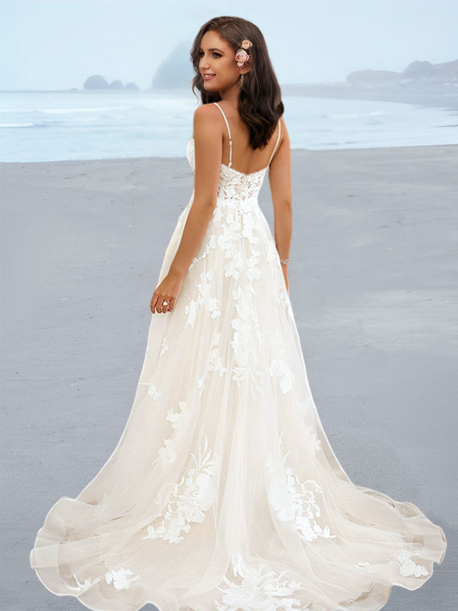 A-Line/Princess Spaghetti Straps Floor-Length Wedding Dress with Applique