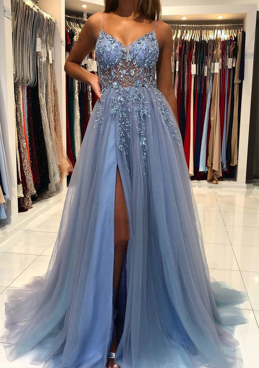 A-Line/Princess V-Neck Spaghetti Straps Long Prom Dresses With Split Side