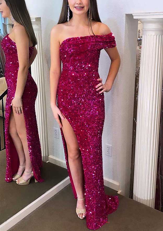 Mermaid/Trumpet Off-The-Shoulder Sleeveless Long Prom Dresses With Sequins Split Side