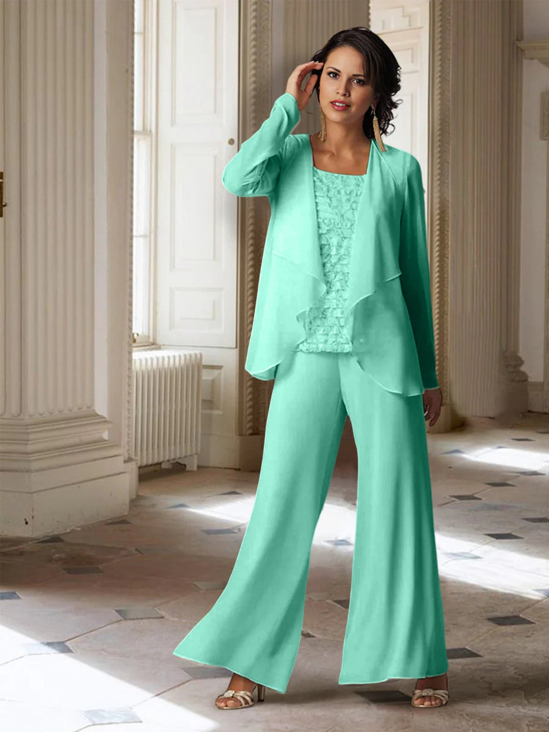 Chiffon Long Sleeves Mother of the Bride Pantsuits with Jacket