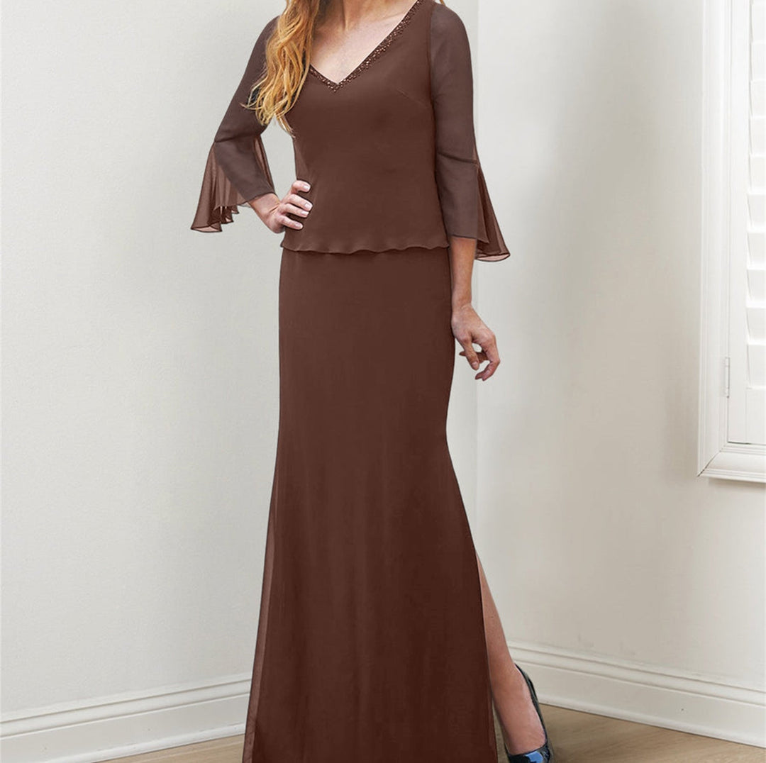 Sheath/Column V-Neck Mother of the Bride Dresses with Beading & Split Side