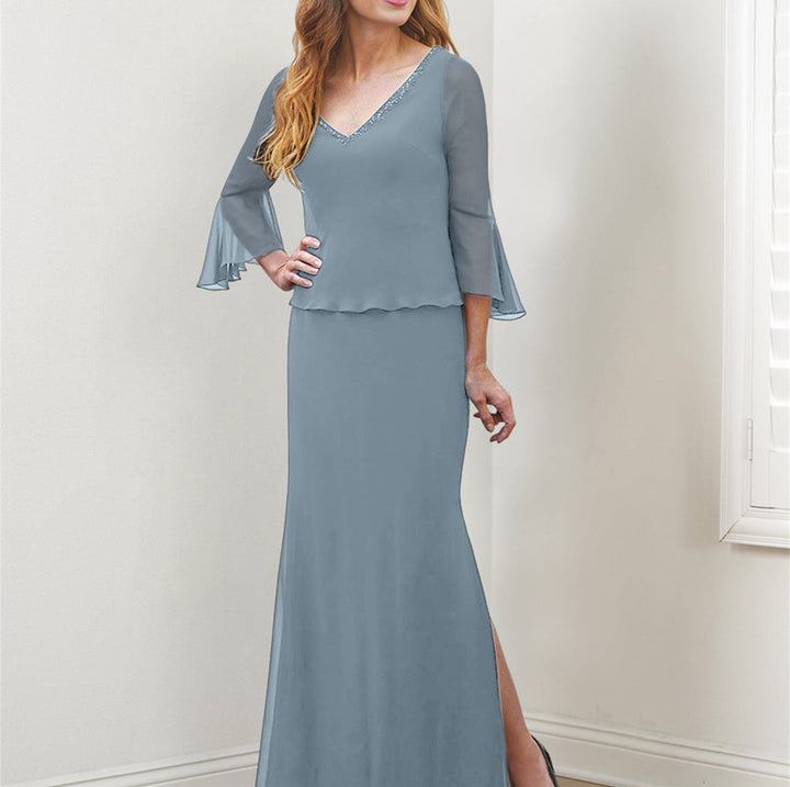 Sheath/Column V-Neck Mother of the Bride Dresses with Beading & Split Side