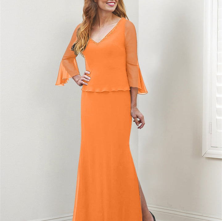 Sheath/Column V-Neck Mother of the Bride Dresses with Beading & Split Side