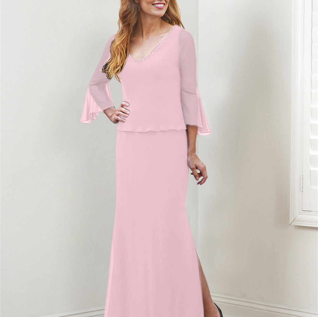 Sheath/Column V-Neck Mother of the Bride Dresses with Beading & Split Side