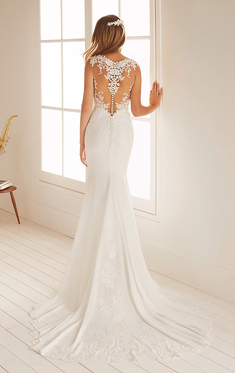 Women's Beach Spaghetti Strap Lace Wedding Dresses for Bride 2023