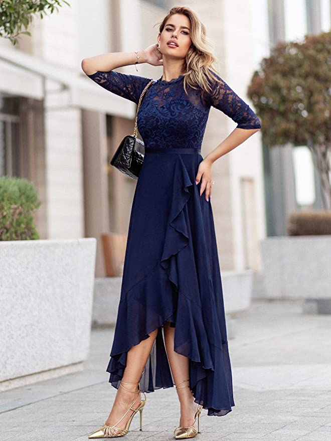 Women's Elegant Floral Lace Ruffle Bridesmaid Maxi Dress