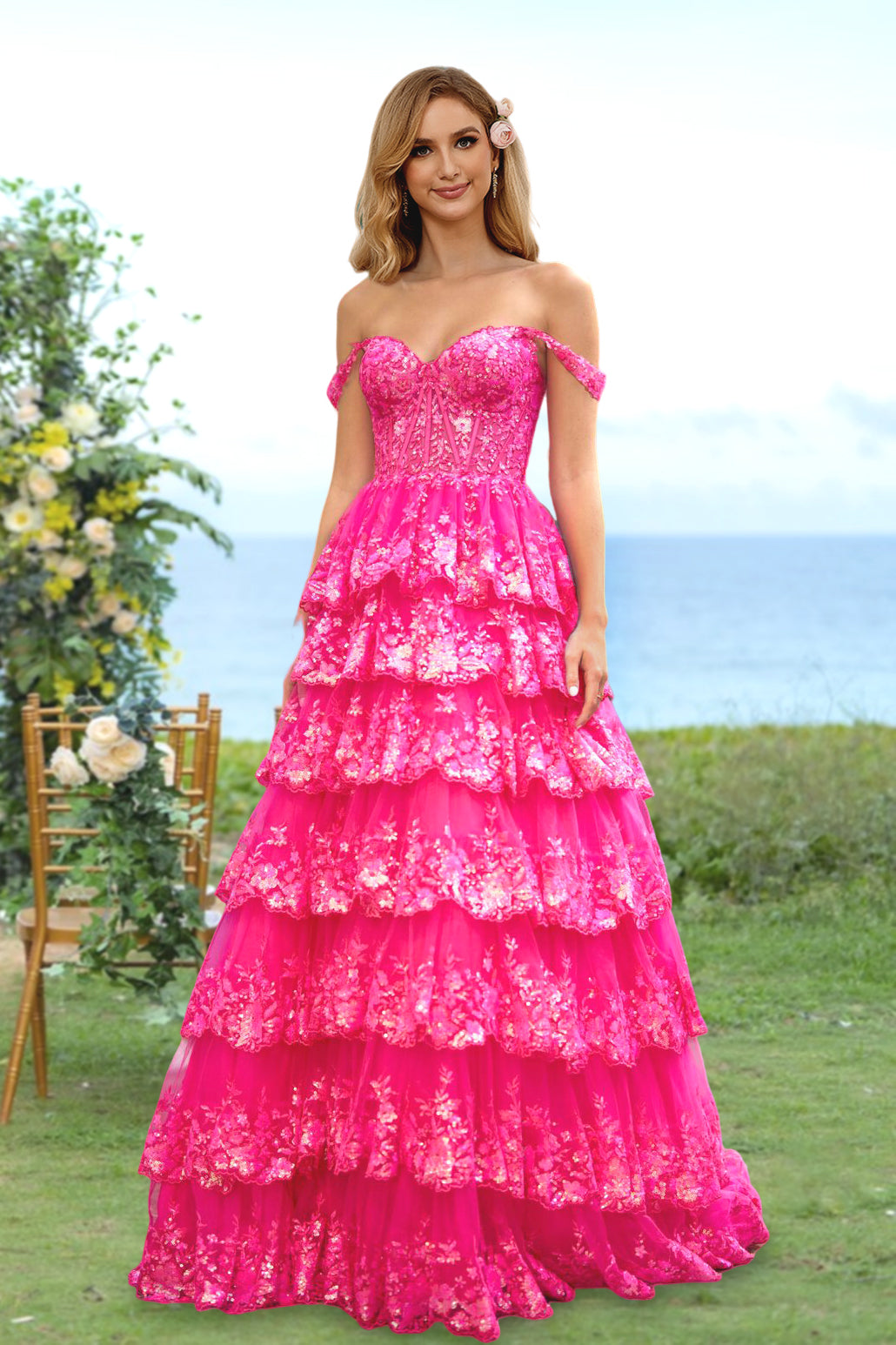 A-Line/Princess Sweetheart Off-the-Shoulder Long Prom Evening Party Dresses with Sequins & Ruffles