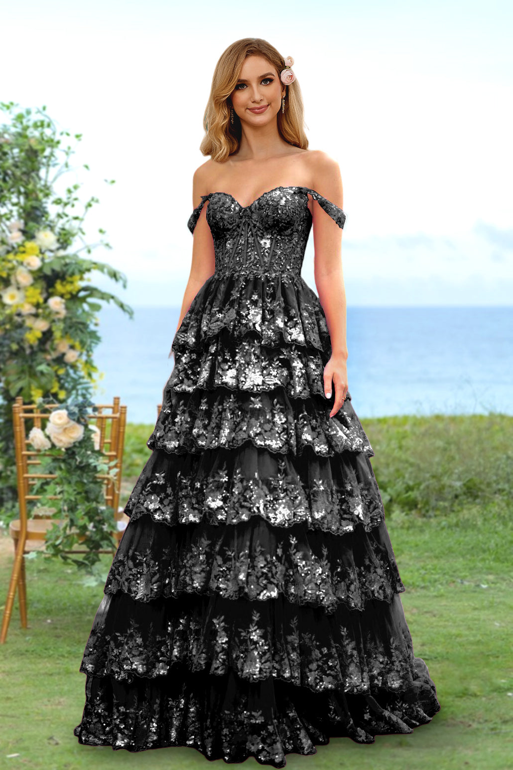 A-Line/Princess Sweetheart Off-the-Shoulder Long Prom Evening Party Dresses with Sequins & Ruffles