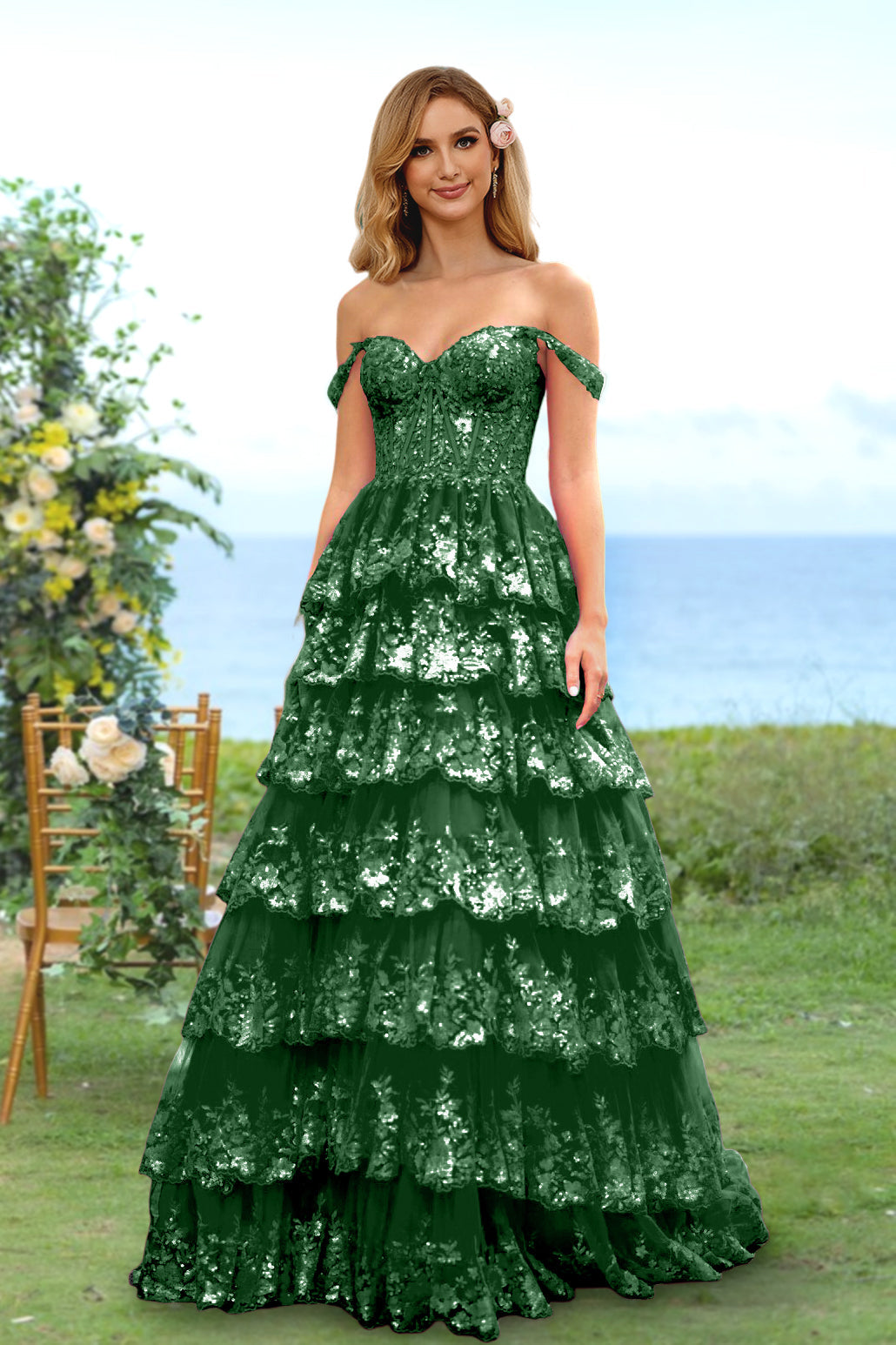 A-Line/Princess Sweetheart Off-the-Shoulder Long Prom Evening Party Dresses with Sequins & Ruffles