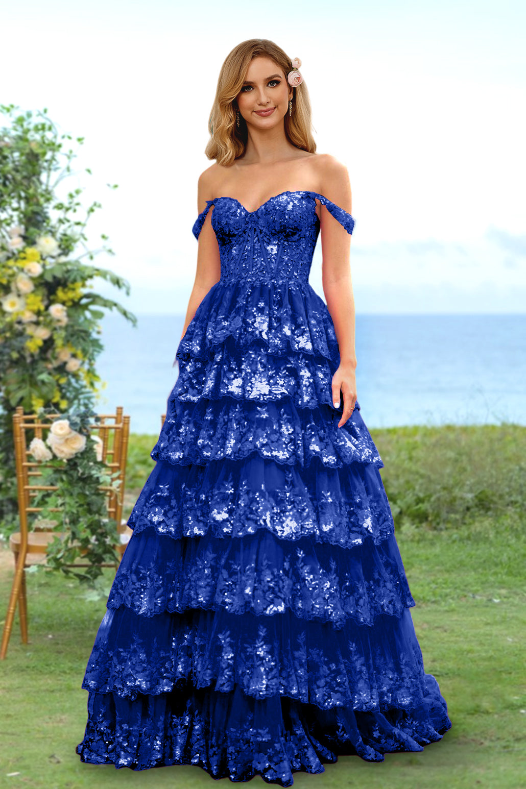 A-Line/Princess Sweetheart Off-the-Shoulder Long Prom Evening Party Dresses with Sequins & Ruffles