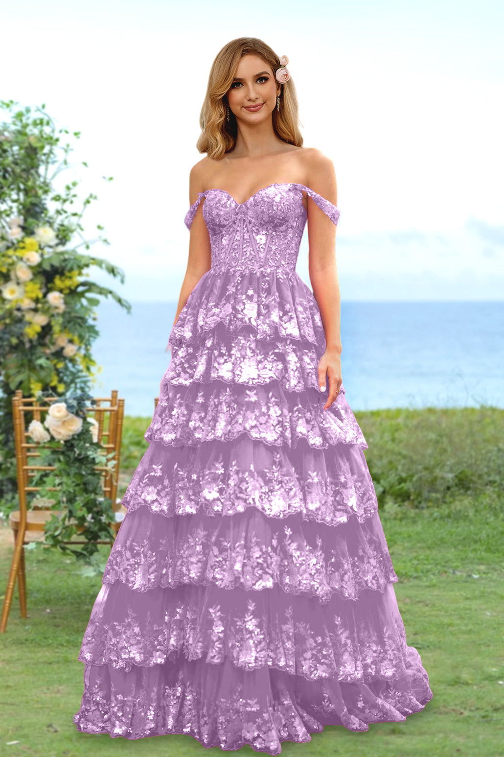 A-Line/Princess Sweetheart Off-the-Shoulder Long Prom Evening Party Dresses with Sequins & Ruffles