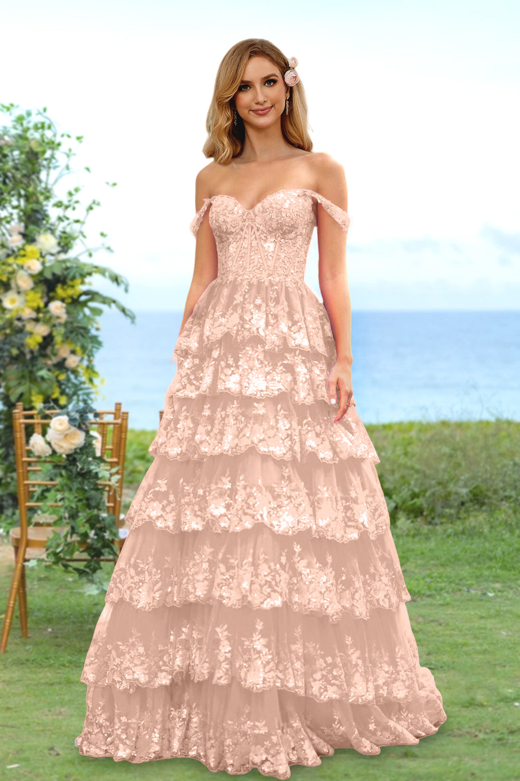 A-Line/Princess Sweetheart Off-the-Shoulder Long Prom Evening Party Dresses with Sequins & Ruffles