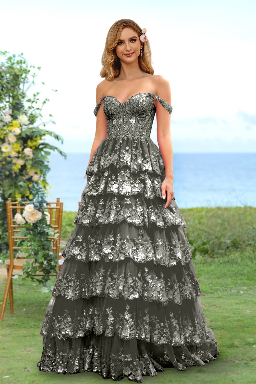 A-Line/Princess Sweetheart Off-the-Shoulder Long Prom Evening Party Dresses with Sequins & Ruffles