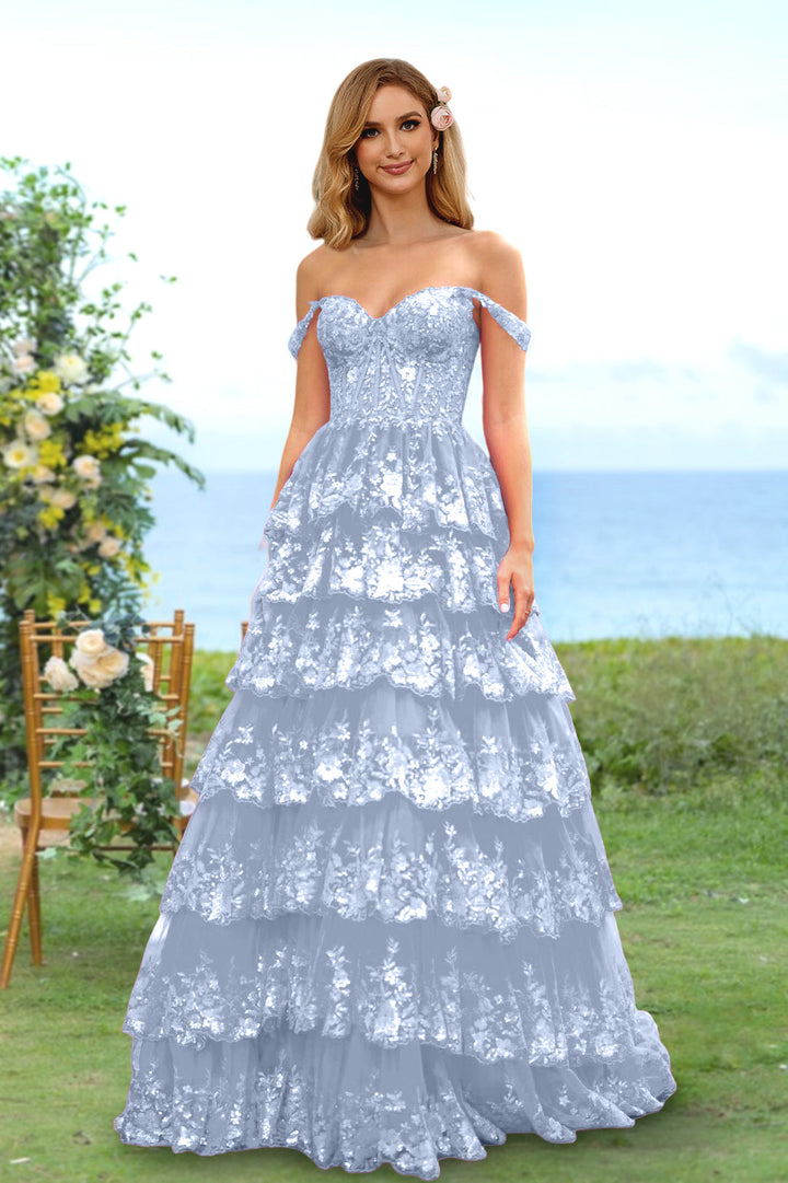 A-Line/Princess Sweetheart Off-the-Shoulder Long Prom Evening Party Dresses with Sequins & Ruffles