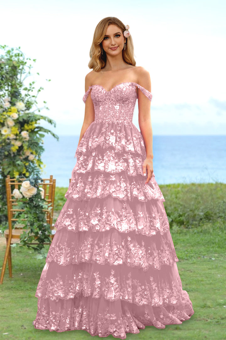 A-Line/Princess Sweetheart Off-the-Shoulder Long Prom Evening Party Dresses with Sequins & Ruffles