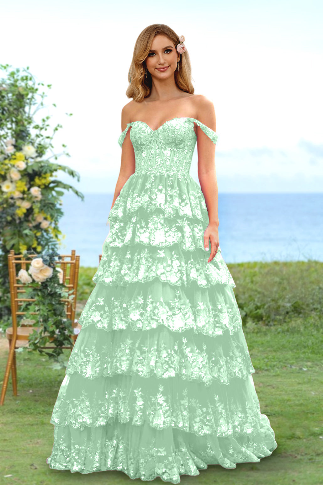 A-Line/Princess Sweetheart Off-the-Shoulder Long Prom Evening Party Dresses with Sequins & Ruffles