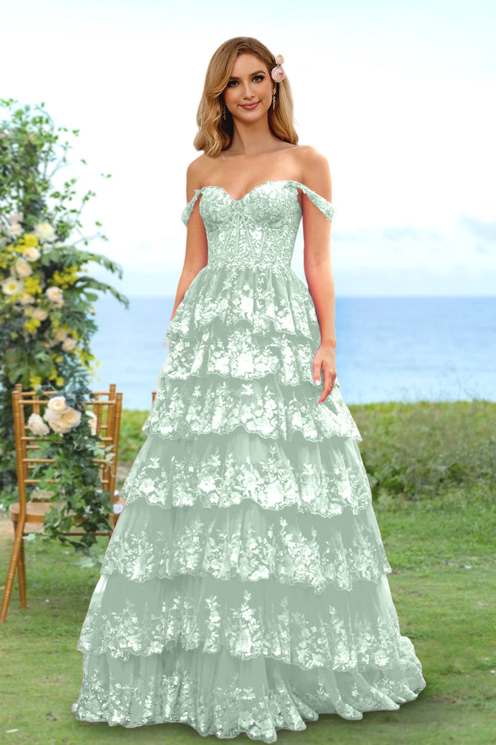 A-Line/Princess Sweetheart Off-the-Shoulder Long Prom Evening Party Dresses with Sequins & Ruffles