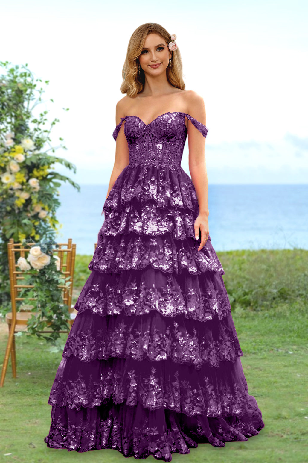 A-Line/Princess Sweetheart Off-the-Shoulder Long Prom Evening Party Dresses with Sequins & Ruffles