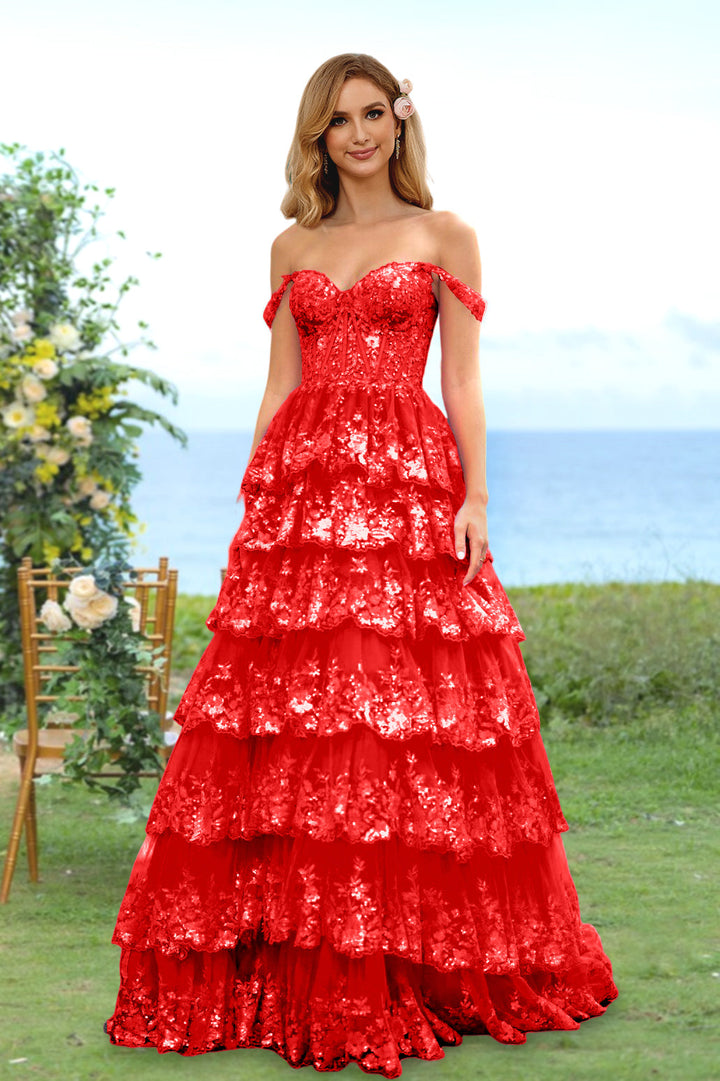 A-Line/Princess Sweetheart Off-the-Shoulder Long Prom Evening Party Dresses with Sequins & Ruffles