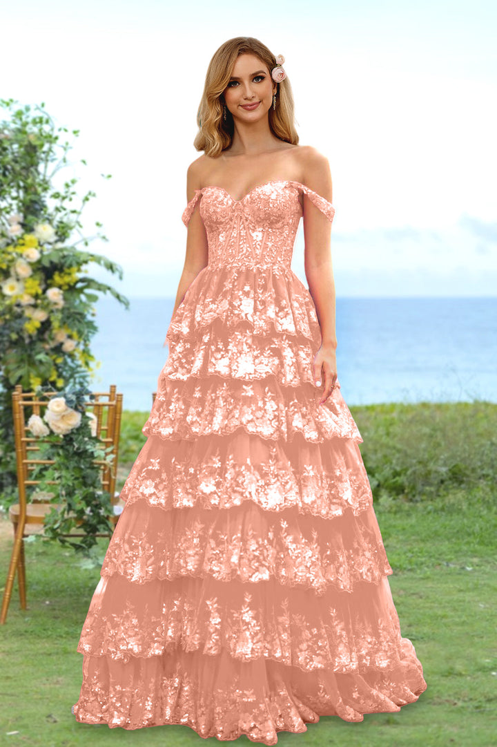 A-Line/Princess Sweetheart Off-the-Shoulder Long Prom Evening Party Dresses with Sequins & Ruffles