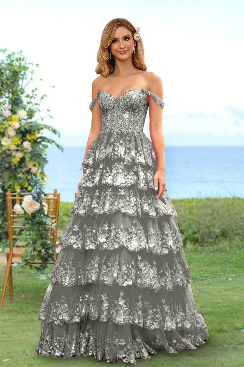 A-Line/Princess Sweetheart Off-the-Shoulder Long Prom Evening Party Dresses with Sequins & Ruffles