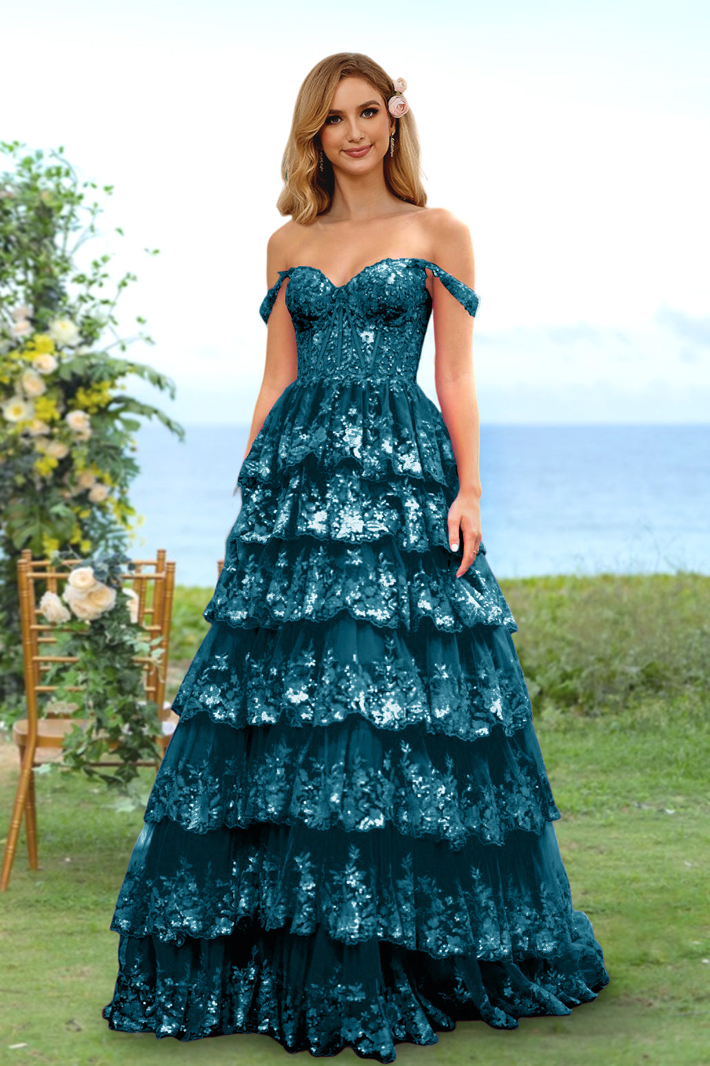 A-Line/Princess Sweetheart Off-the-Shoulder Long Prom Evening Party Dresses with Sequins & Ruffles