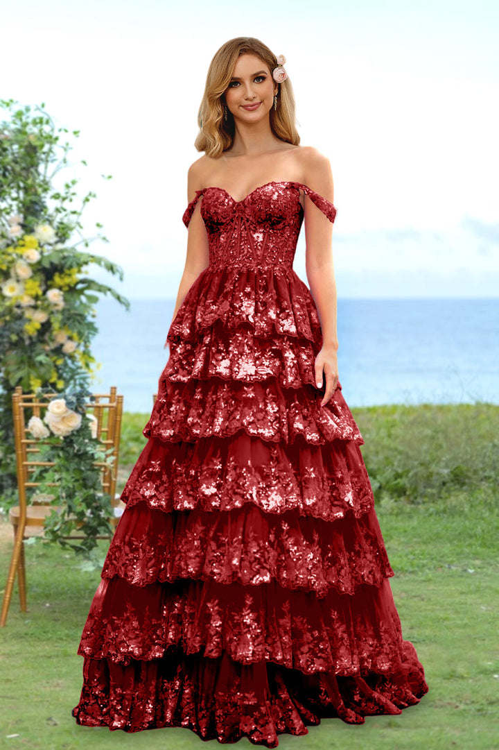 A-Line/Princess Sweetheart Off-the-Shoulder Long Prom Evening Party Dresses with Sequins & Ruffles