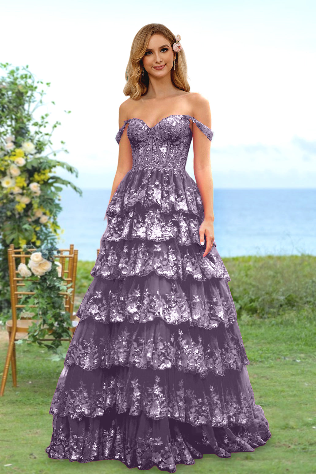 A-Line/Princess Sweetheart Off-the-Shoulder Long Prom Evening Party Dresses with Sequins & Ruffles